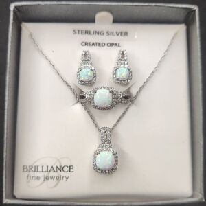 Brilliance fine.Sterling Silver Lab Created Opal Pendant, Earrings Set and ring.